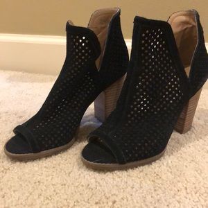 Black perforated suede open toe booties